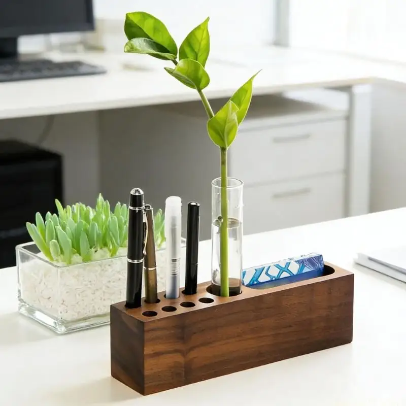 Wooden Desktop Organiser With Pen Container And Business Card Stand For Offices