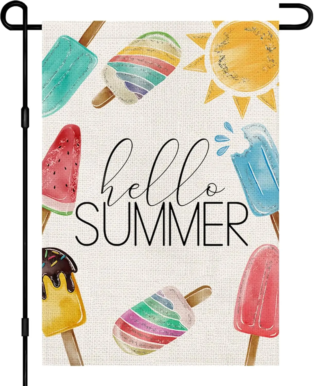 Hello Summer Ice Cream Garden Flag 12x18 Inch Double Sided Burlap, Colorful Popsicle Sun Small Sign Holiday Farmhouse Yard Outdo