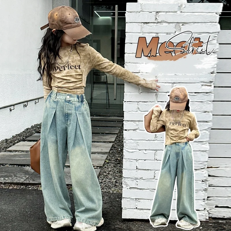 

Girls Jeans Ages 4-14Y Teen Wide Leg Denim Teenage Vintage Trousers Toddler Girl Casual Fashion Denim Bottom Kids Y2k Long Pants