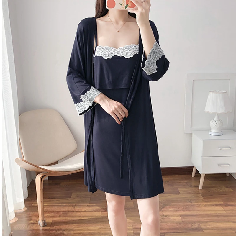 

2pcs/Set Pregnant Woman Sleepwear Nursing Pregnancy Pajamas Sling Breastfeeding Nightgown Maternity Labor Dress+Robe Childbirth