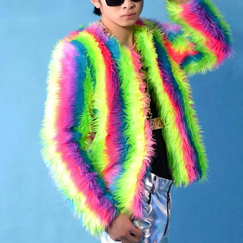 New Faux Fur Coat Men's Jacket Colorful Loose 2025 Autumn Contrast Color Streetwear Mal 8R5N