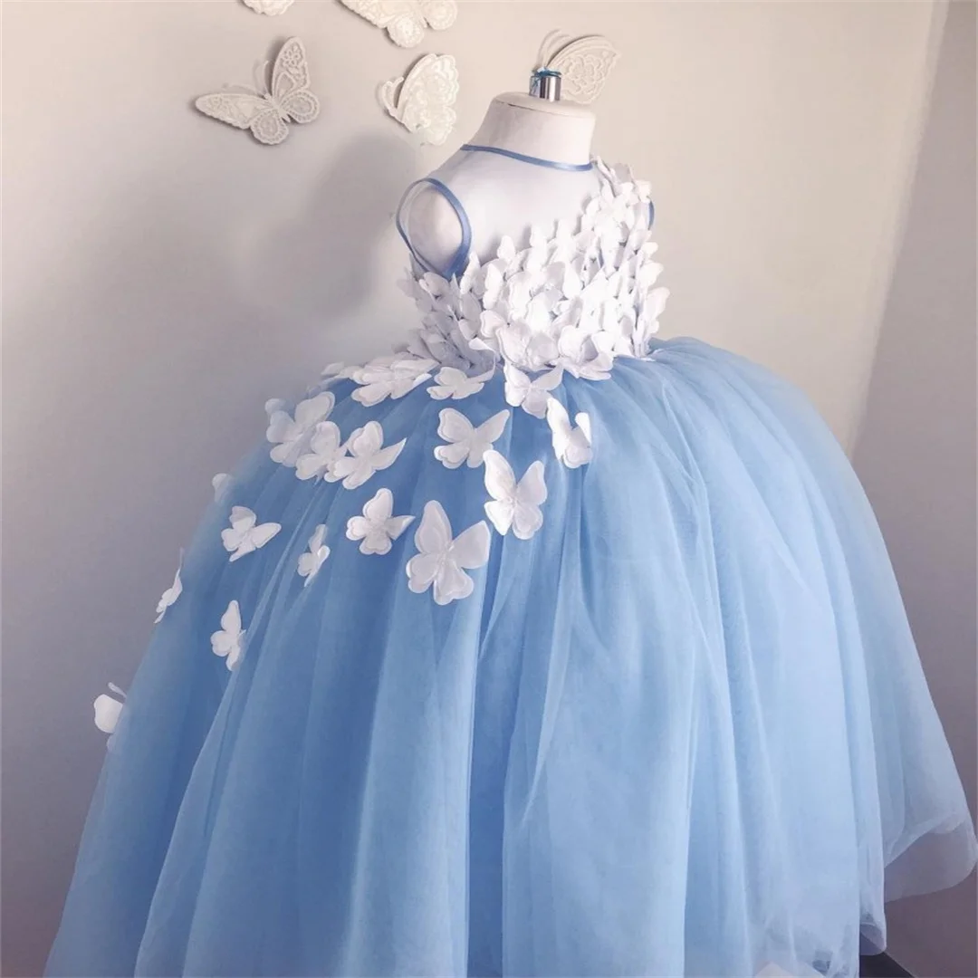 Aangepaste Applicaties Tule Paars Oude Baljurk Bloemenmeisjes Jurken Tule 3D Bloemen Applicaties Optocht Jurken Vlinder Com