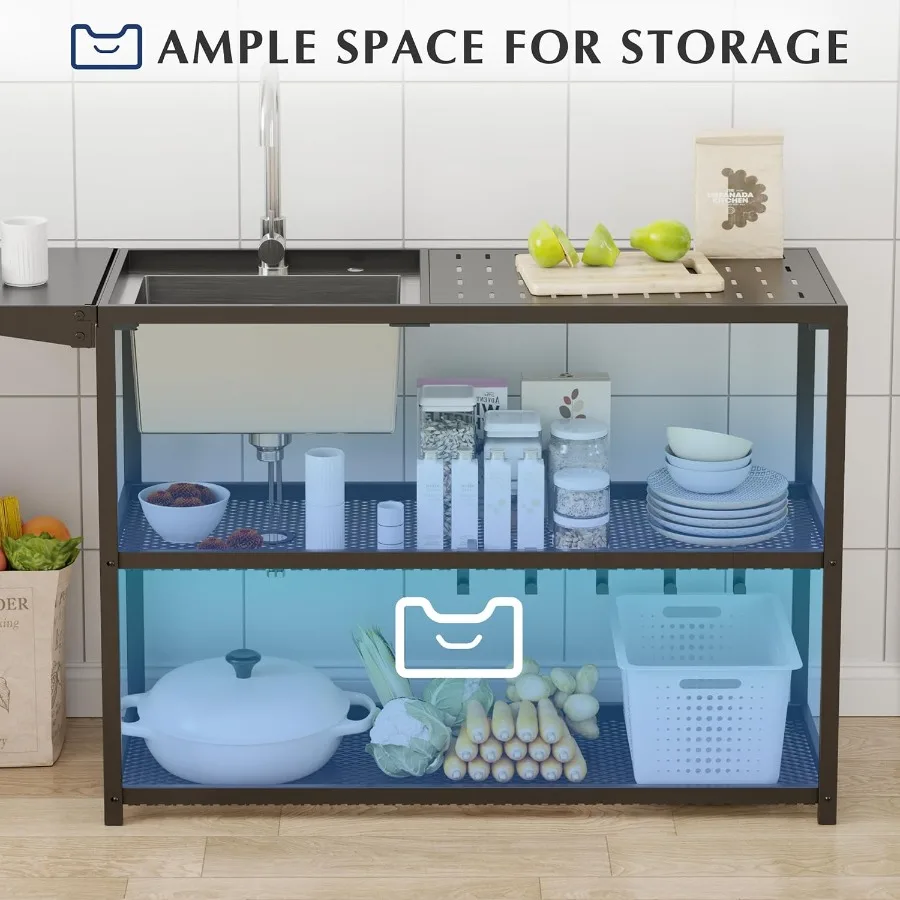 55 Inch Freestanding Kitchen Utility Sink with Stainless Steel Single Bowl Foldable Countertop and Cold Hot Water Faucet for Fa