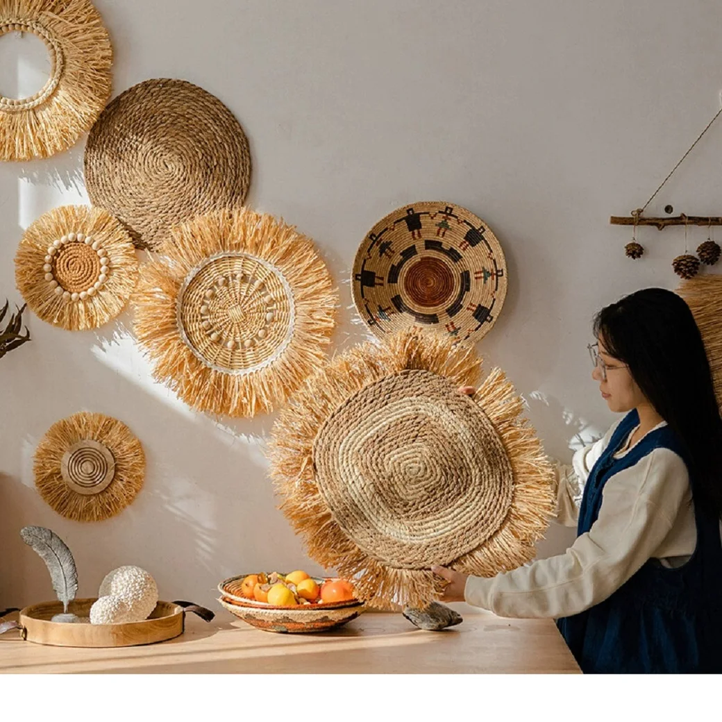 

Creative wall decoration, Lafite grass weaving, Japanese style background wall decoration, homestay hanging decoration