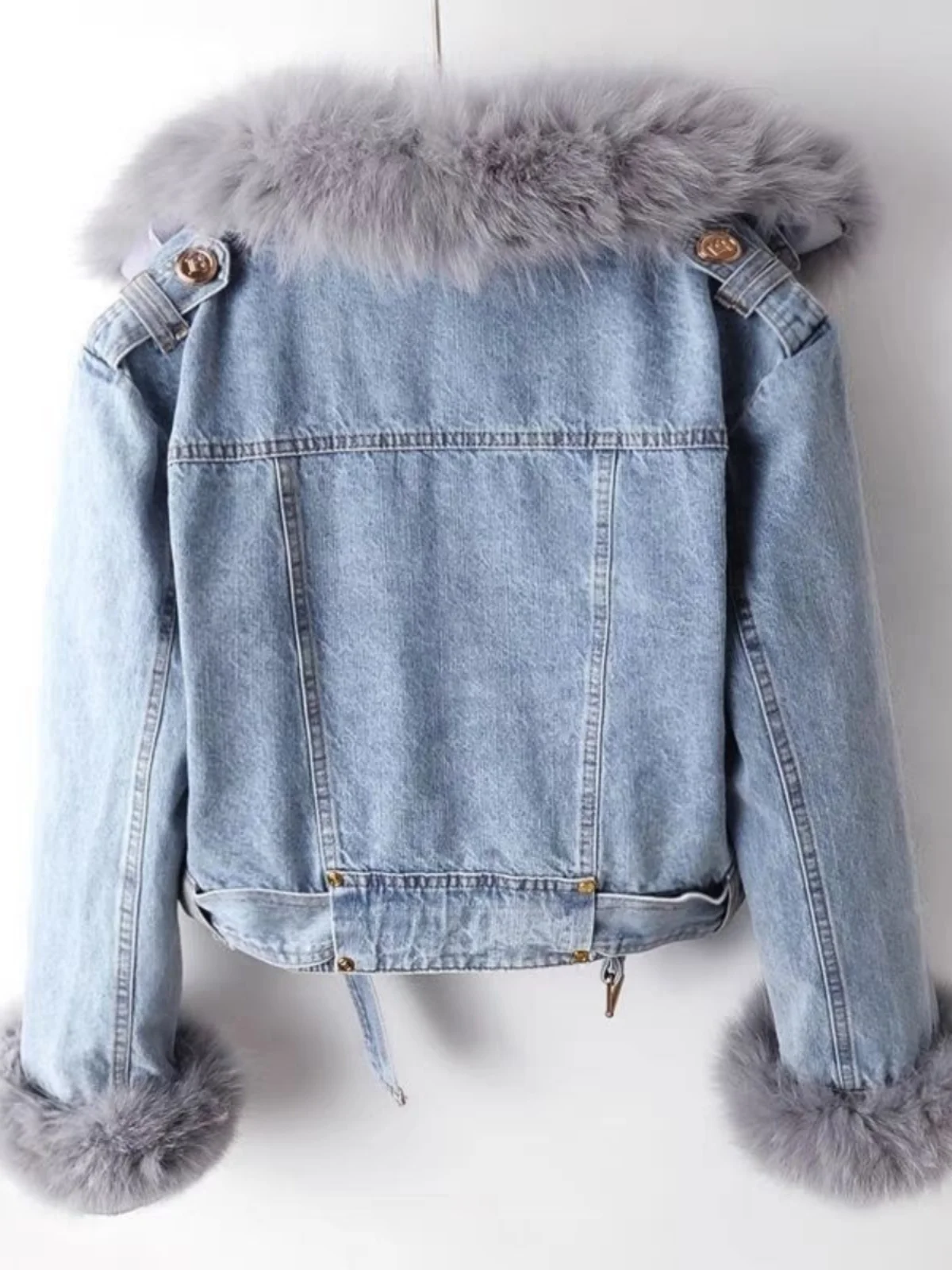 

Faux Fur Blue Denim Jacket for Women Autumn Winter New American Style High Street Warm Coats Zipper Detachable Lining Tops