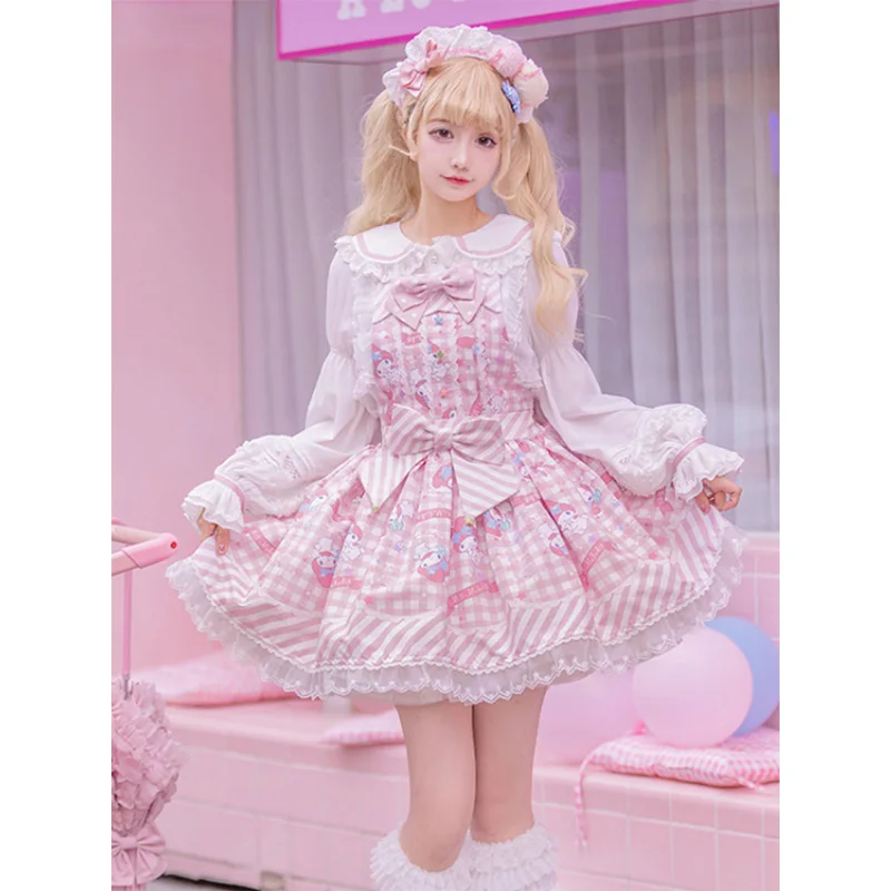 Pink Japanses Lolita Dress Jsk Cute Cartoon Print Princess Women Cute Bow Tea Party Strap Dresses Y2k Kawaii Dresses Women