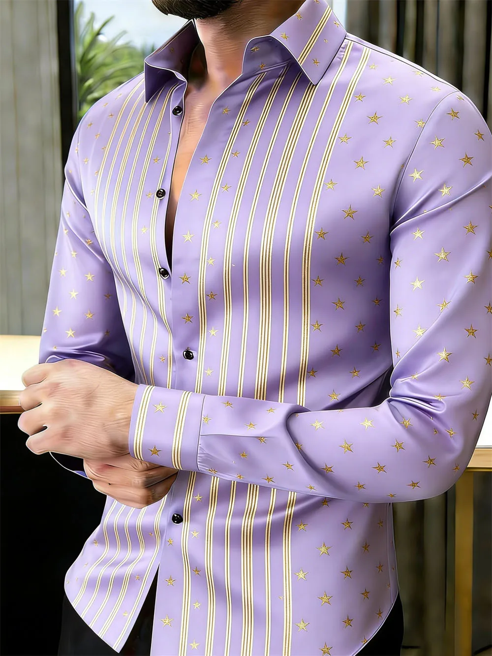 

Men's Striped Long Sleeved Shirt Business Casual Lapel Button Design Versatile Fashionable