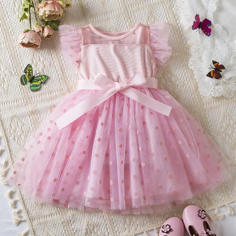 Neonate vestiti Casual per maniche volanti abiti in rete punteggiata a pois 2024 nuova estate 2-6Y bambini bambino Tulle Tutu vestito solido