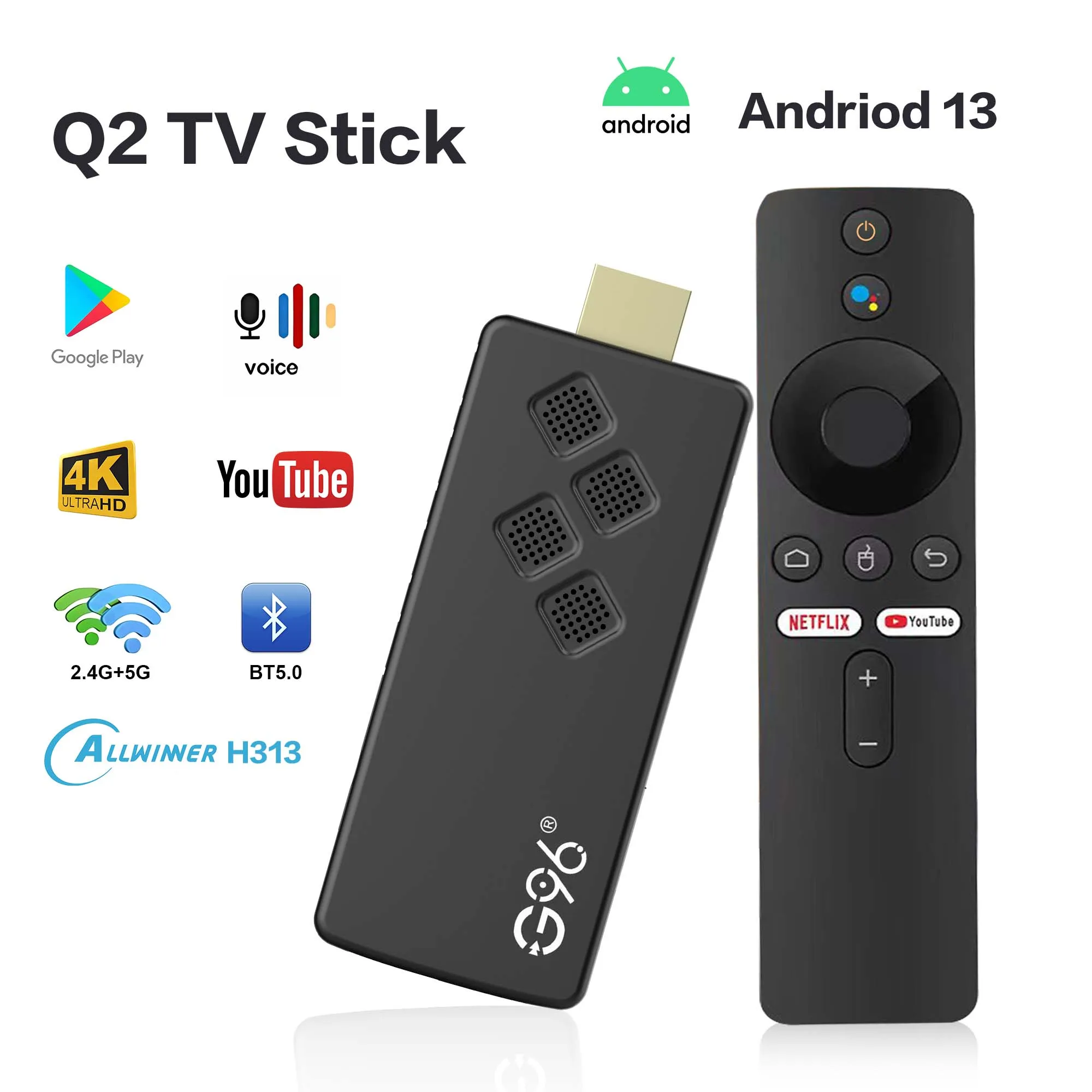 Android13 Smart TV Stick Dual2.4G5GWifi Netflix Youtube 4K HDR10 Google Voice Assistant Multi-language Streaming Media Player Q2