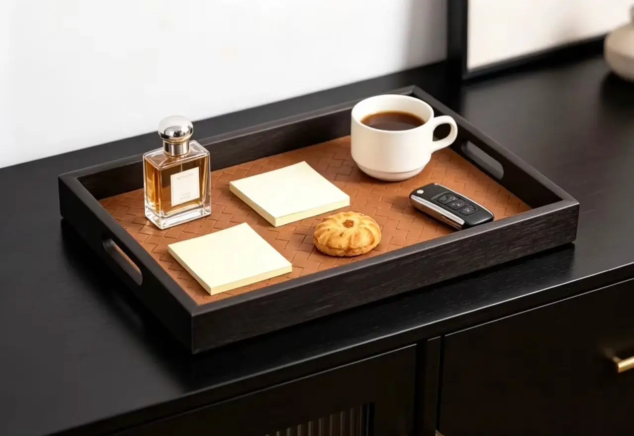 1pc Woven Texture Faux Leather Storage Tray,Watch Jewelry Organizer, Decorative Home Display Tray, Cosmetic Holder, Storage Tray