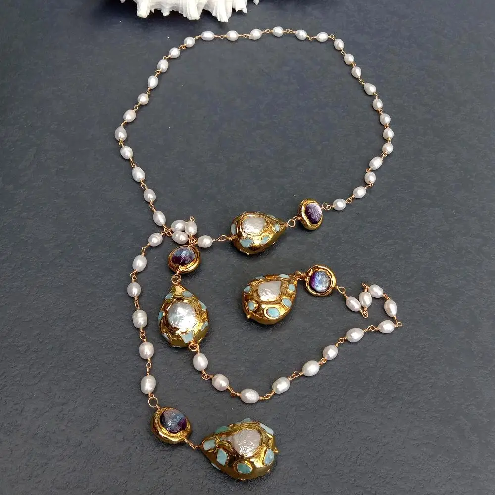 Y.YING Cultured White Rice Pearl Larimar Purple Murano Glass Long Rosary Chain Necklace