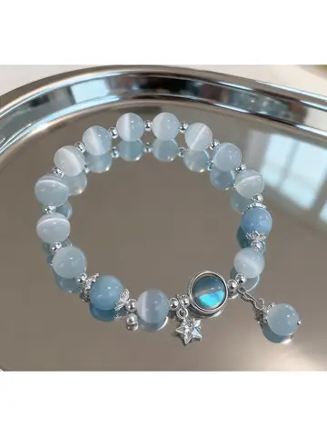 New Unique Dreamy Blue Moonstone Cat Eye Pendant Crystal Bead Bracelet Party Jewelry Gift For Women