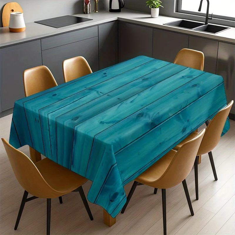 1pc Turquoise Blue-Green Wood Grain Tablecloth - Turquoise & Wood Tone Rectangular Table Cover, Turquoise Wood Plank Design for