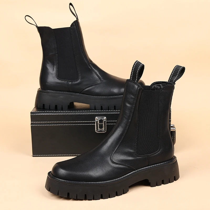 

Мужские модные высокие ботинки челси, черные стильные осенне-зимние туфли, ковбойские ботинки из натуральной кожи, мотоциклетные ботинки на крутой платформе