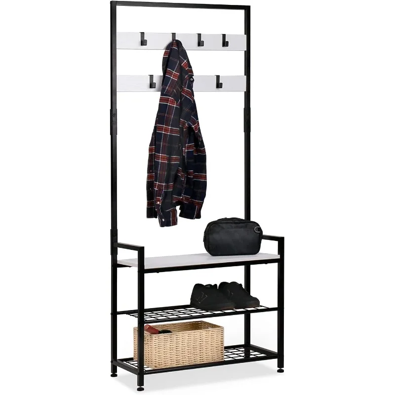 

Hall Tree Storage Shelf, Coat Rack Shoe Bench, Wood Look Accent Furniture with Metal Frame