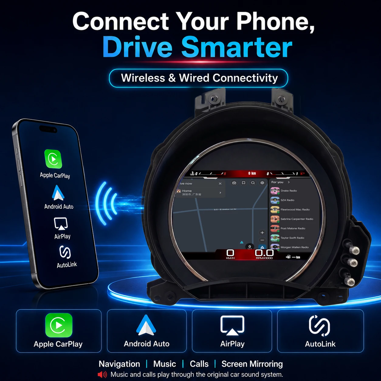 AUTOTOP Tableau de bord numérique 7 pouces pour Fiat Abarth 500 500C 2007-2024, CarPlay sans fil, Android Auto, Navigation, Musique, Appels, Cockpit virtuel LCD 1280x768, Données du véhicule préservées, Installation Plug and Play, AirPlay AutoLink, Mise à jour OTA