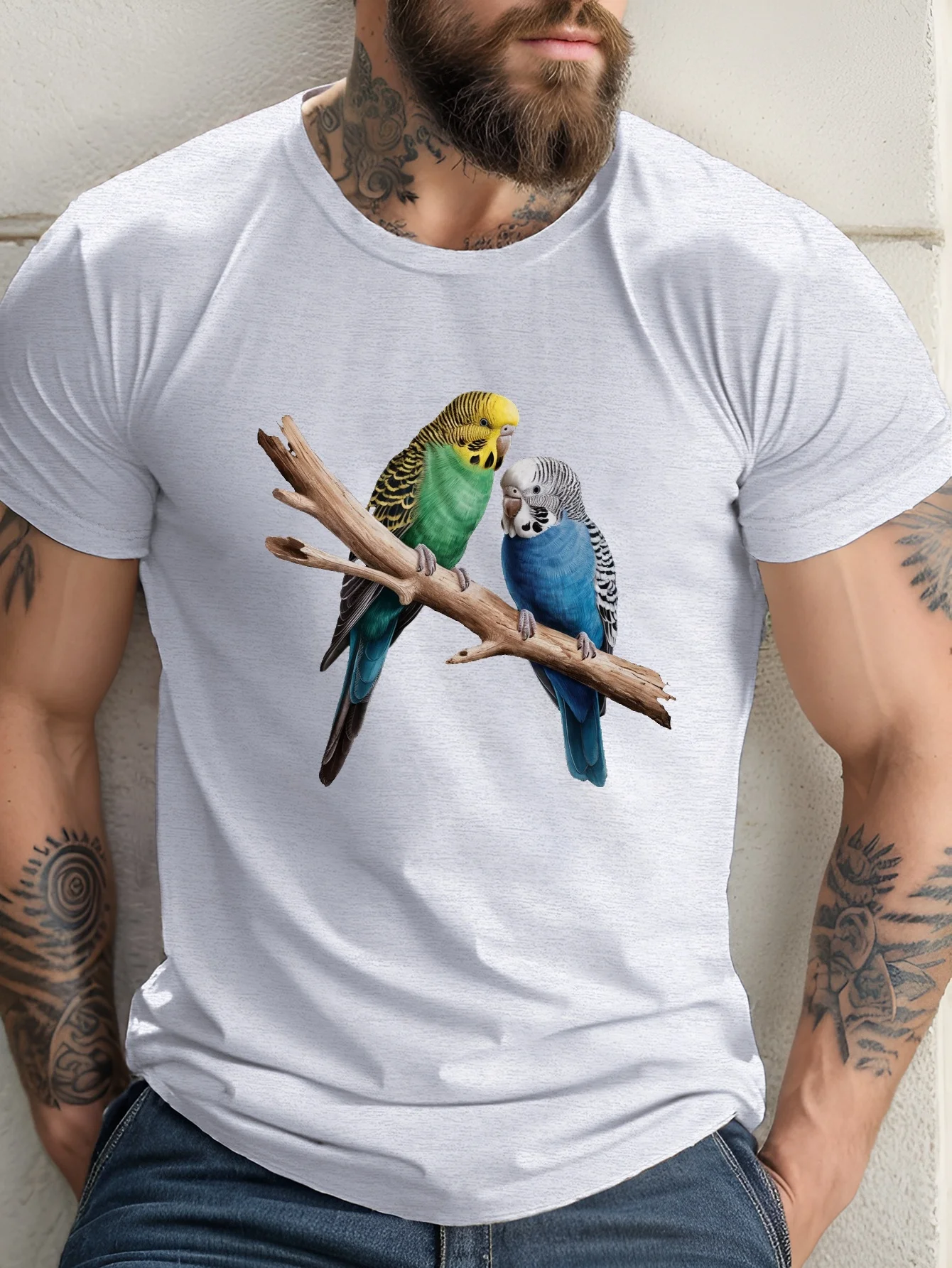 Men's Casual Short Sleeve T-Shirt with Unique Budgerigar Print - Breathable, Crew Neck, Perfect for Summer