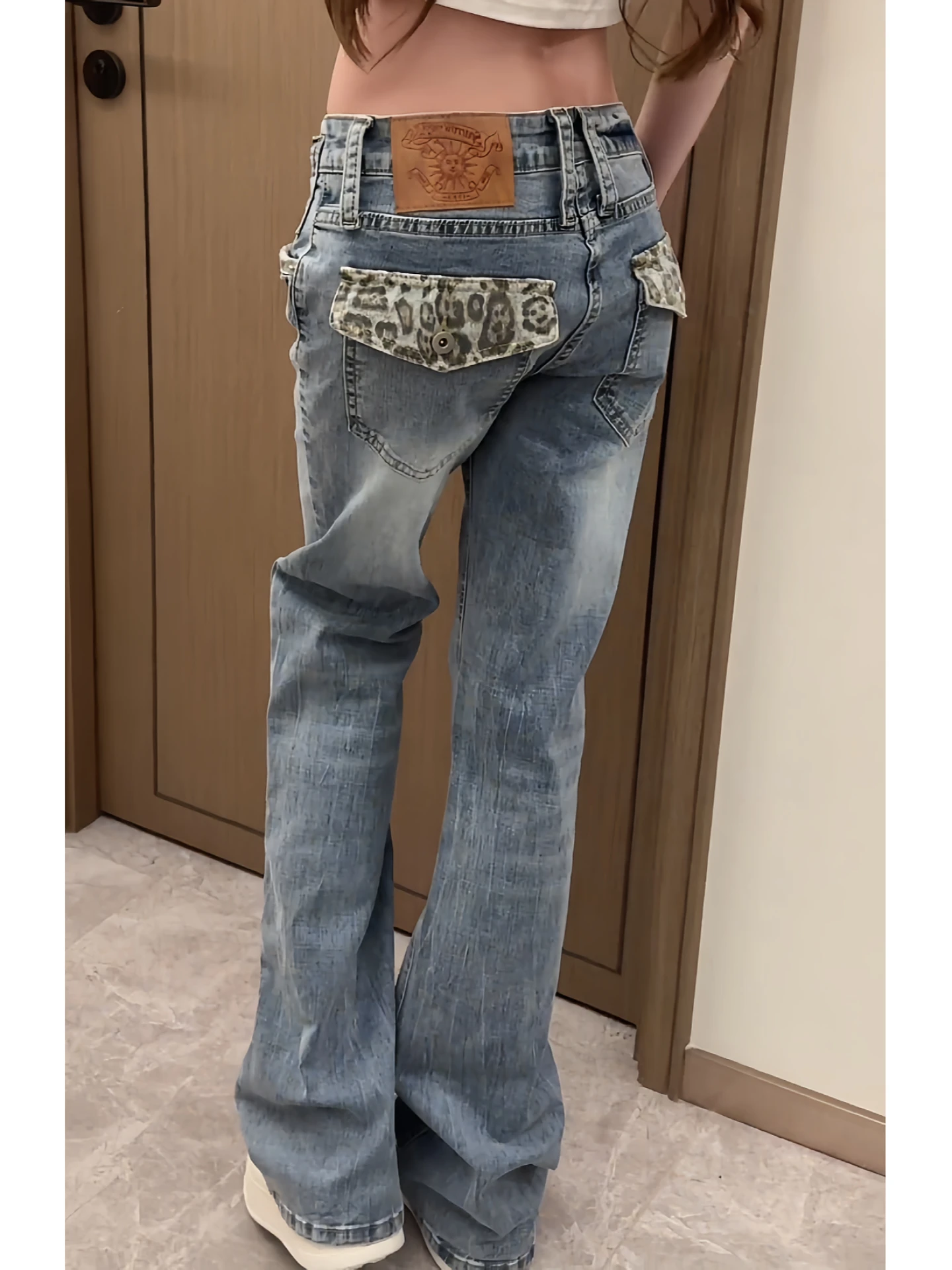 

plus Size American Retro Leopard Print Patchwork Flared Denim Jeans Women Sexy Design Slimming Straight Floor-Length Pants