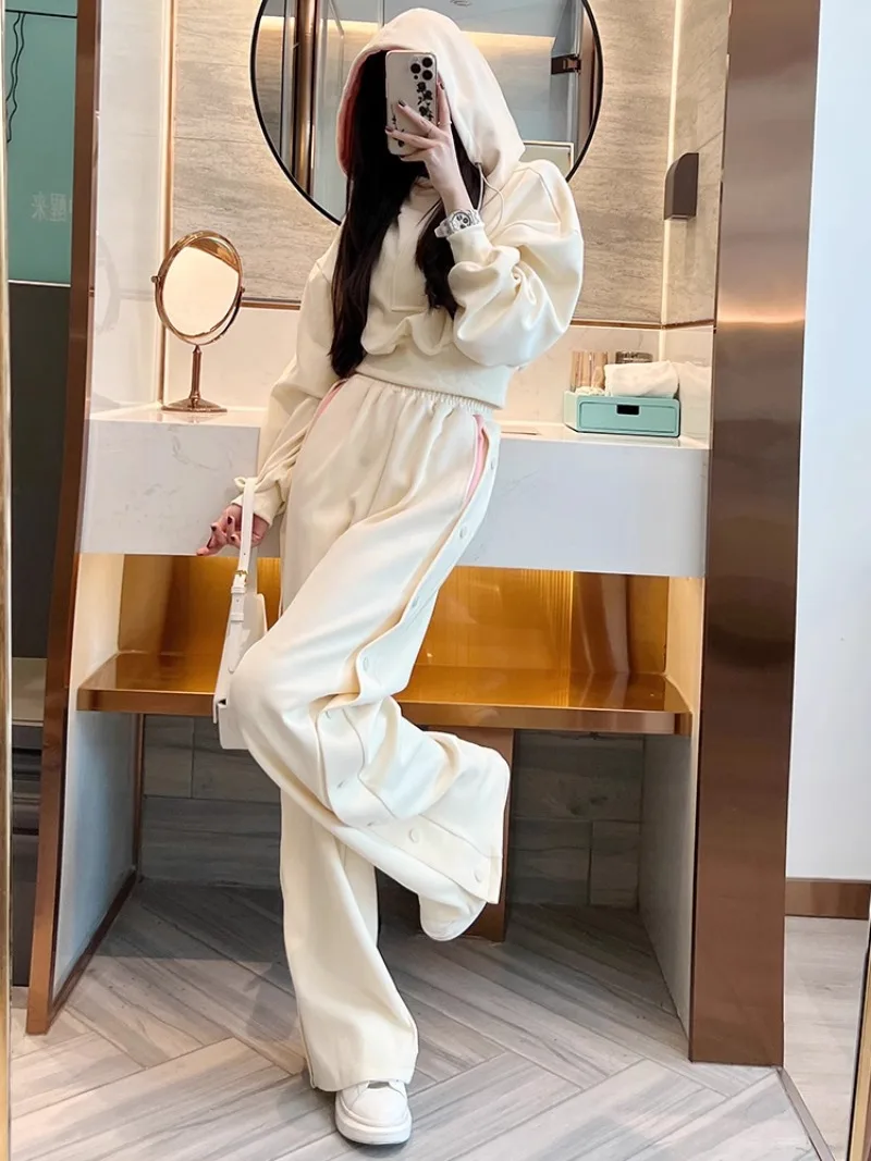 Korean Fashion Hoodie Wide Leg Pants Two-piece Set Women Sweet Cool Contrast Color Sweet Chic Spring Female Casual Sports Suit