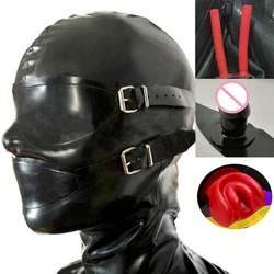 2024 New Customize Exotic Latex Rubber Hoods with Nose Tube Mouth Teeth Gag Plug Eyeshade Open Eyes and Mouth Cover Mask Zip