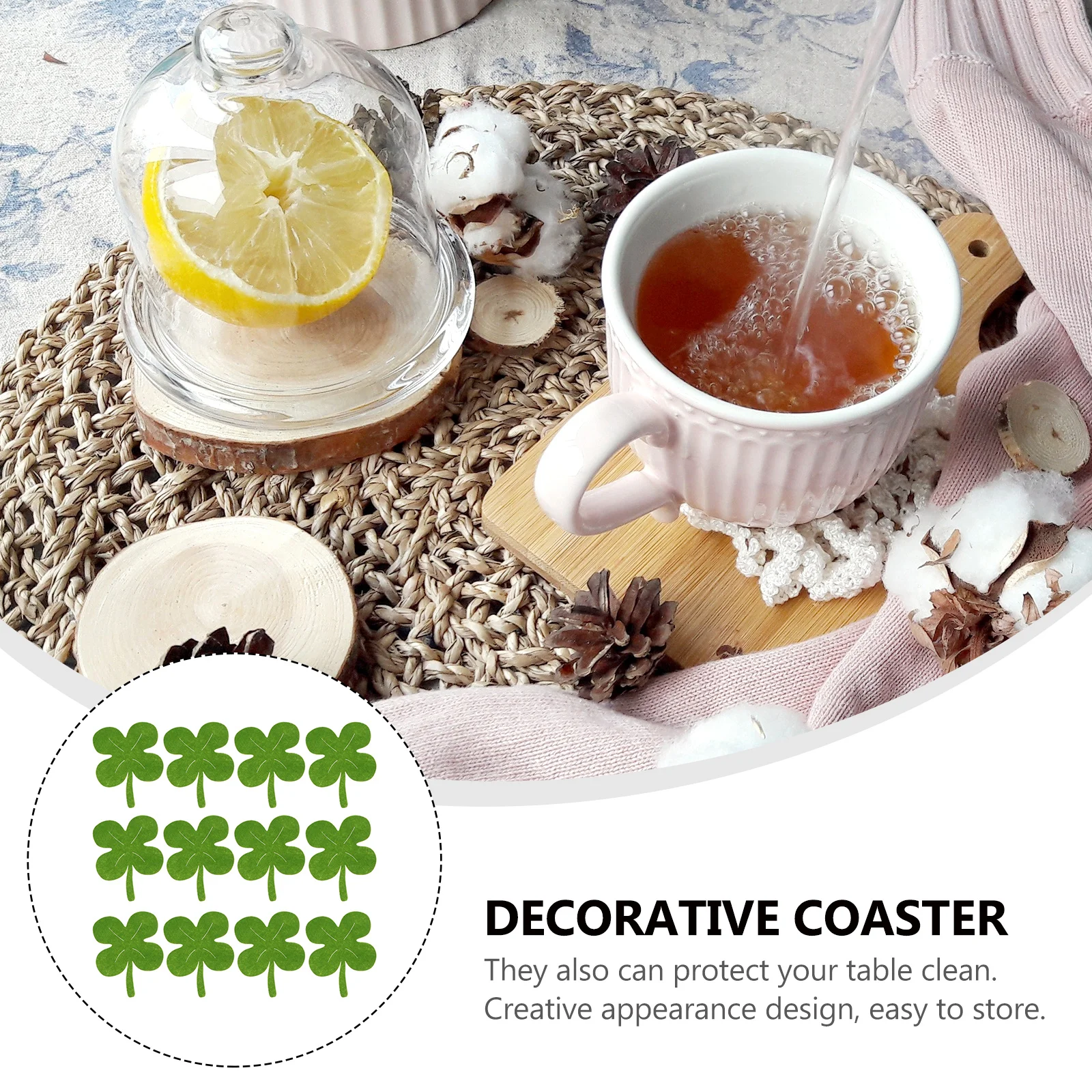 

12Pcs Clover Shape Cloth Coasters Cup Mats for Dining Table Tea Table Home Decoration Washable Non-Slip Pad Green