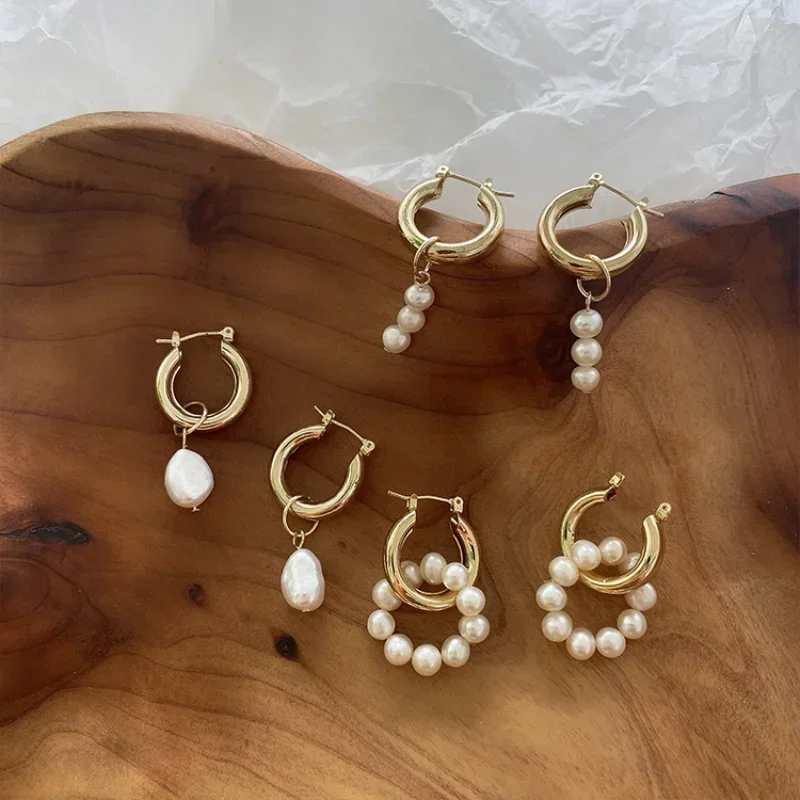 Minar Classic Multiple Natural Freshwater Pearl Hoop Earrings for Women 14K Gold Brass Plated Copper Pendant Earring Oorbellen