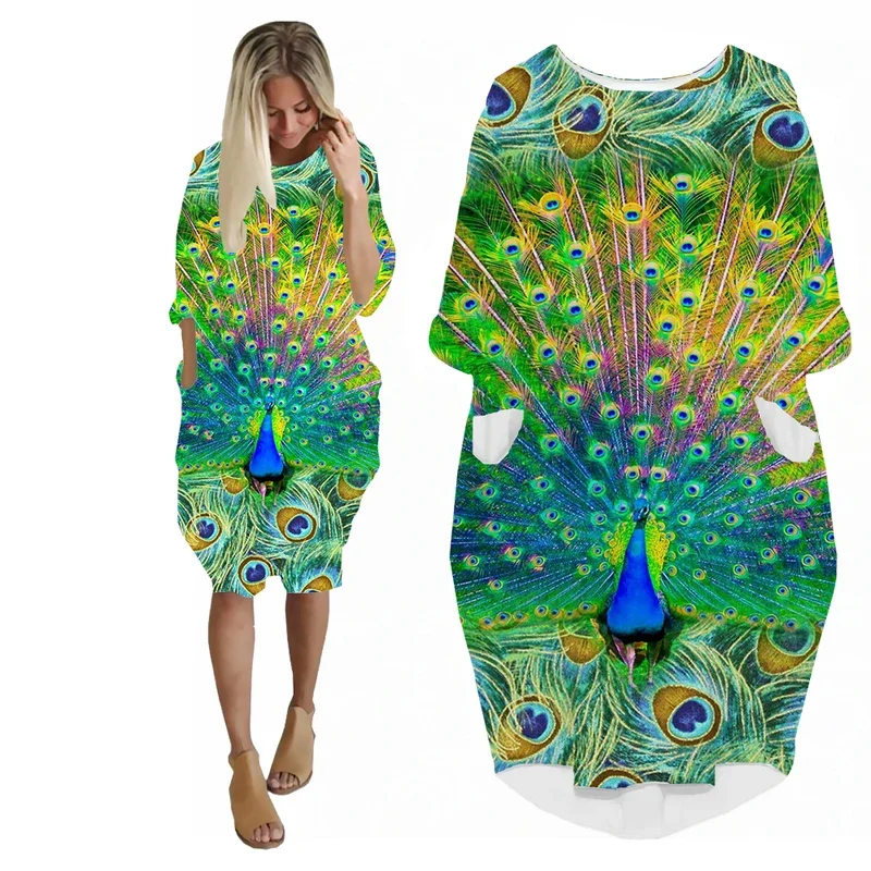 SONSPEE Beautiful Multicolour Peacock 3D Print Style Long Sleeve Dress Funny Peafowl Feather Harajuku Women Loose Streetwear