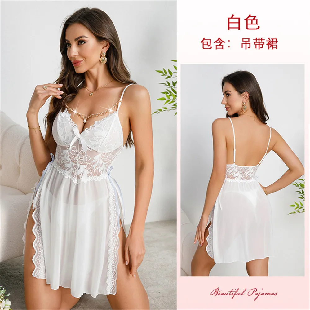 Women's Chemise Chiffon Nightgown Sleepwear Sexy Split Lace Suspender Nightdress Mini Home Wear
