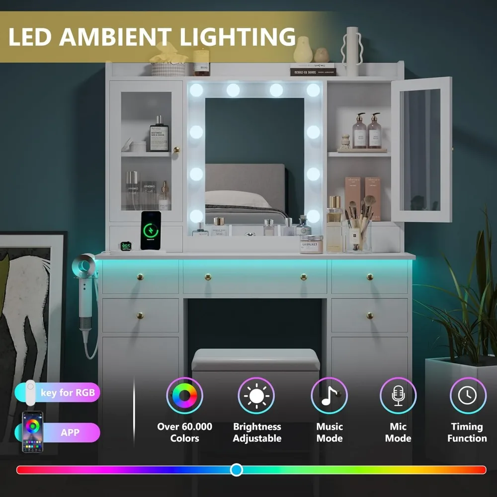 Makeup Vanity Desk, White Vanity Table Set with Storage Drawers, Charging Station, Cabinets & Chair, Dressing Table