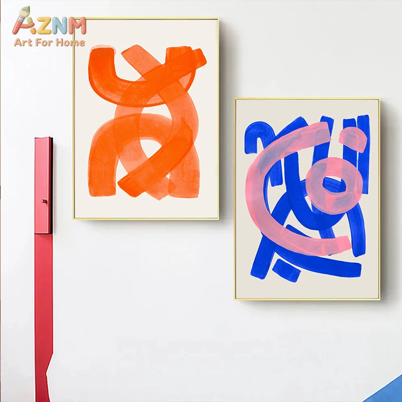 AZNM Modern Minimalist Abstract Brush Stroke Curved Line Colorful Geometric Aesthetic Canvas Wall Art Simple Texture Unframed Li