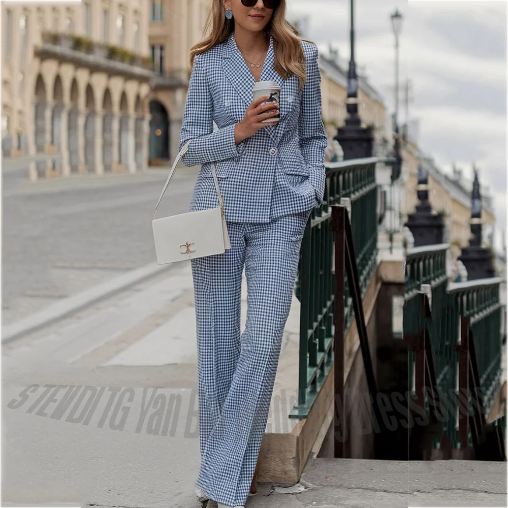Blue White Plaid Women's Pants Suit 2 Piece Double Breasted Vintage Office Casual Outfit Formal Business Set Luxury 2026