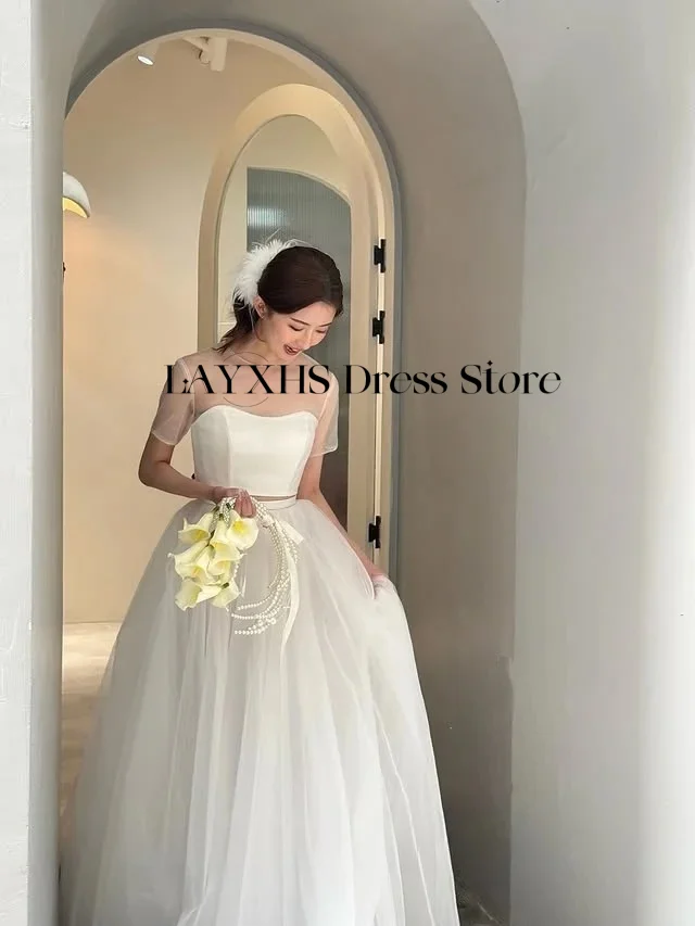 Semplici abiti da sposa coreani in 2 pezzi A-Line O-Collo con maniche corte in tulle di seta Abiti da sposa personalizzati Garona