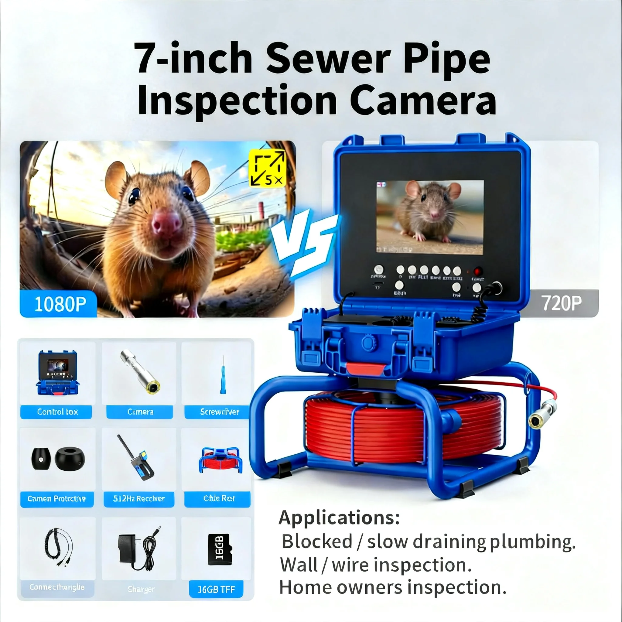 

512Hz Sewer Camera IP68 Waterproof with 16GB TF Card 5X Zoom DVR Record AVI/JPG forDrain Pipe Inspection