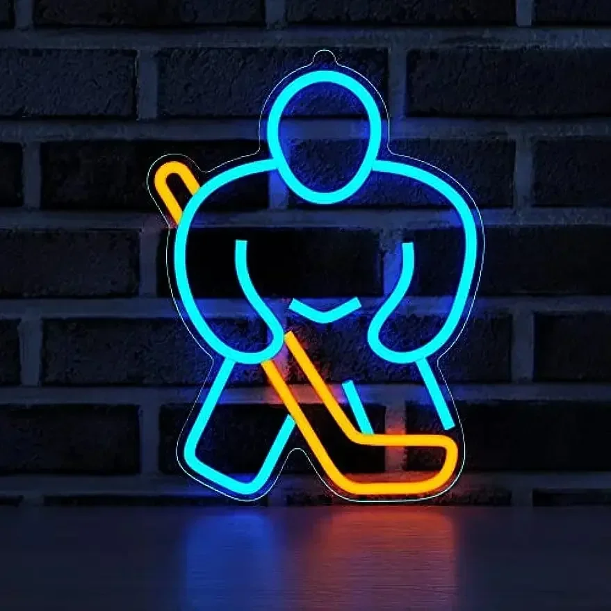 Ice Hockey Player Neon Sign LED Wall Art USB Powered Sport Theme Decor Game Room Man Cave Bedroom Bar Club Party Aesthetic Light