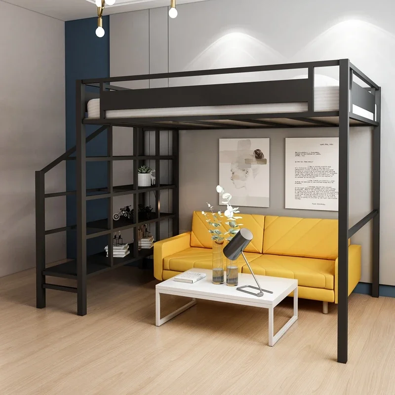 Single upper level elevated Small apartment upper lower bunk simple wrought iron bed lower table loft bed Double iron frame bed