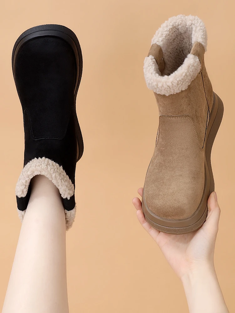 

Women's Winter Thiened Fce Lined Slip-On Snow Boots Soft Bot Anti-Slip Versatile Warm Cotton Boot Mid-Calf Boots