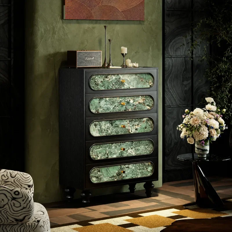 Italian Minimalist Green Rock Lacquer Solid Wood Chest of Drawers for Living Room Porch Bedroom Storage and Decoration