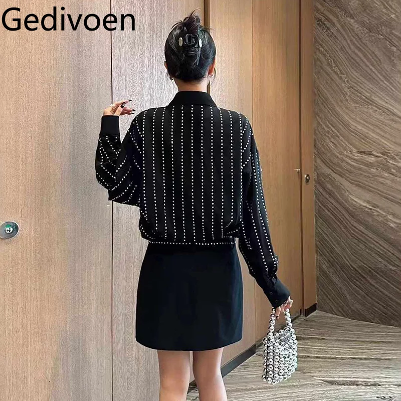 Gedivoen تنورة سوداء صغيرة قميص تنورة ضغط ساخن الماس شرابة تخفيف البوليستر طويلة الأكمام طية صدر السترة فستان عصري