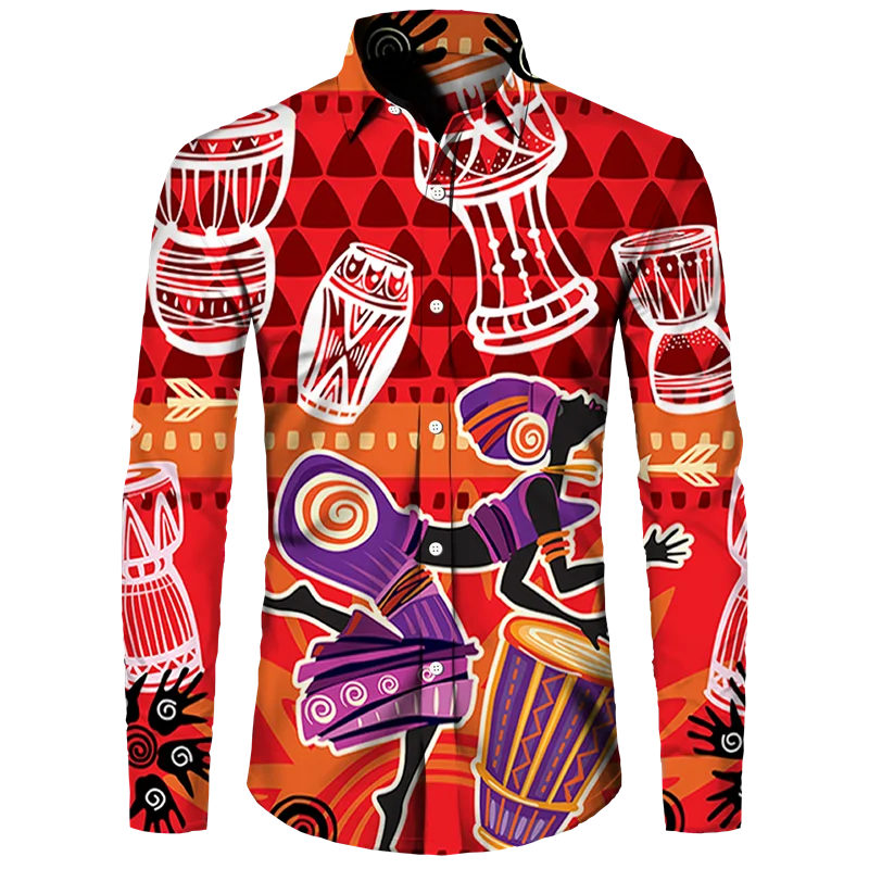African Ethnic Pattern Hawaiian Shirts For Men Retro Drum 3D Printed Blouse Autumn Fashion Casual Loose Aloha Shirts Long Sleeve