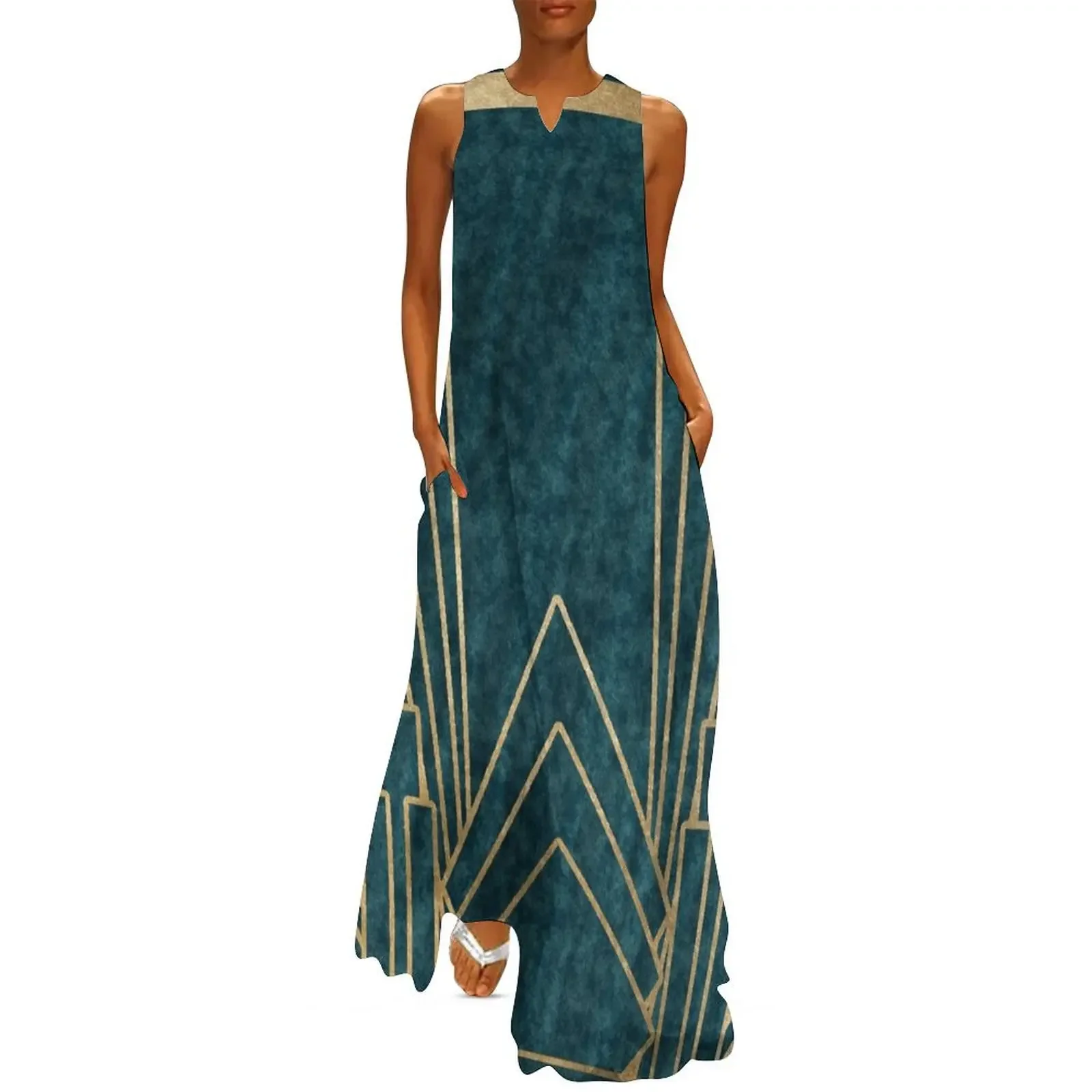 

Art Deco glamour - teal and gold Long Dress Women's summer dress dresses for womens 2025 Dress