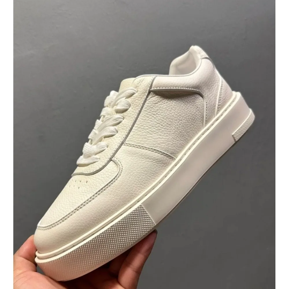 Men's Pebbled Leather Low Top White Sneakers, Lace-Up Thick Platform Casual Skate Shoes, Breathable Daily Walking Footwear