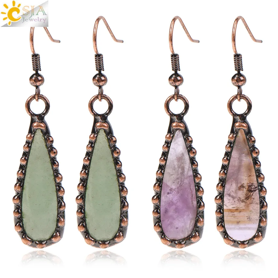 CSJA Damen Vintage Wassertropfen Ohrringe Baumeln Anhänger Perle Amethyst Rosenquarz Braun Sand Naturstein Kristall Schmuck H707