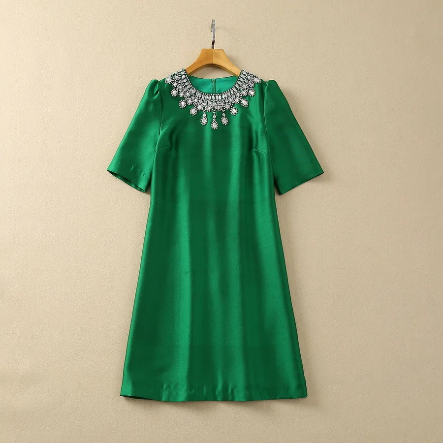 

European and American women's clothes 2024 spring new Short-sleeved heavy nail bead round neck green Fashion dress