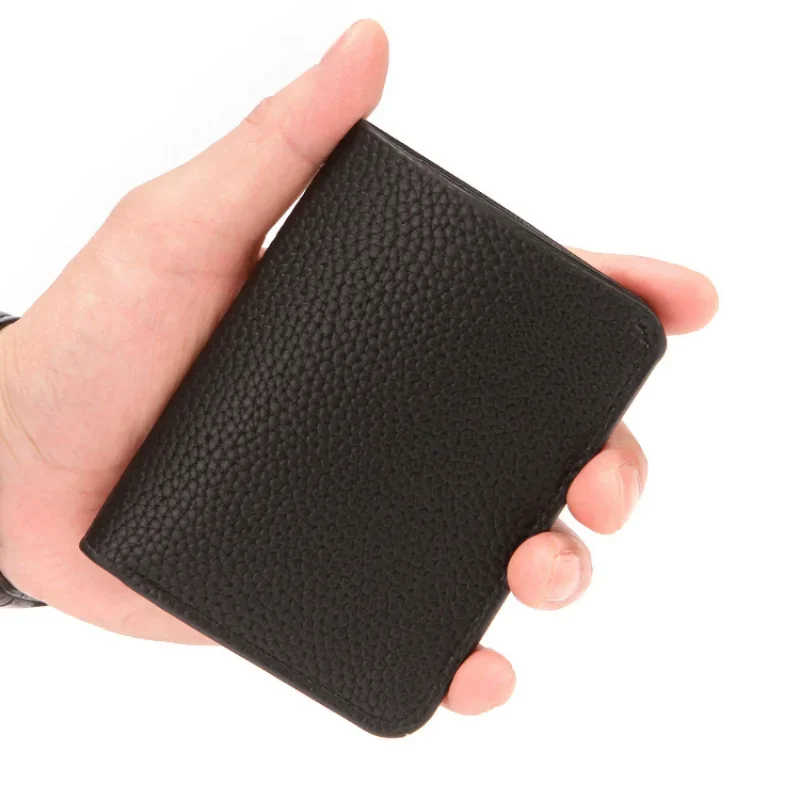 Nueva cartera de cuero Pu suave para hombre, minimonedero con patrón de lichi de Color sólido, tarjetero para licencia de conducir, cartera pequeña para hombre