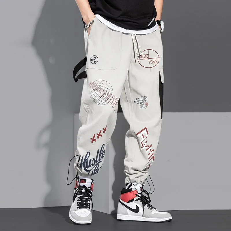 

Summer Printed Cargo Pants Men's Trendy Loose Fit Straight Leg Cotton Casual Trousers mid Waist Cartoon Print