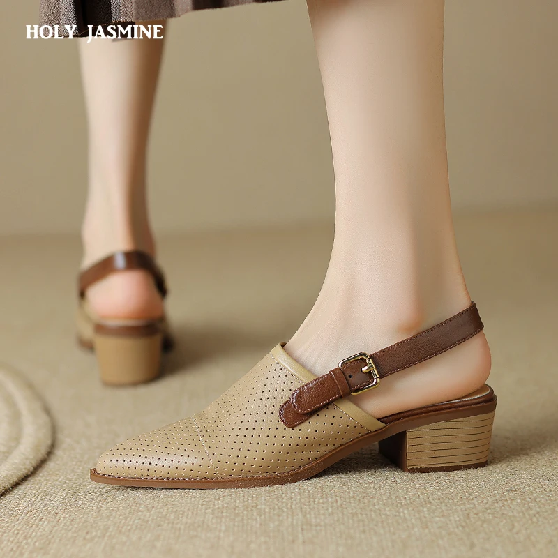 2023 New Pointed Toe Sheepskin Closed-toe Sandals Woman Buckle Square High Heel Sandals Vintage Ladies Dress Summer Shoes