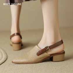 2023 New Pointed Toe Sheepskin Closed-toe Sandals Woman Buckle Square High Heel Sandals Vintage Ladies Dress Summer Shoes