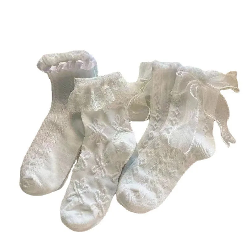 Calcetines de tubo medio para mujer, medias sencillas de encaje con lazo blanco, finas y transpirables, estilo japonés Lolita, informales, Jk, 6/12 pares