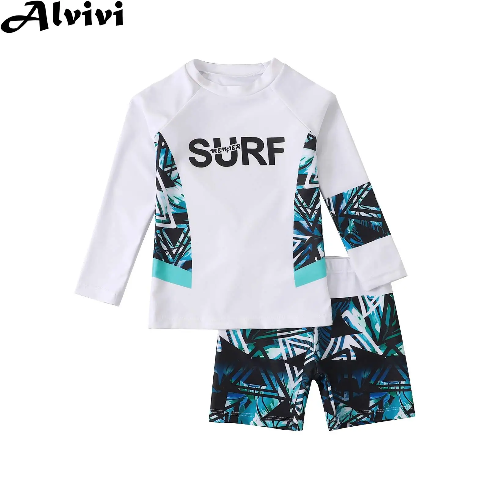 

Kids Boys Two-piece Swimsuit Long Sleeve Top with Shorts Set Water Park Swimwear Wetsuit Rash Guard Surfing Clothing Beachwear