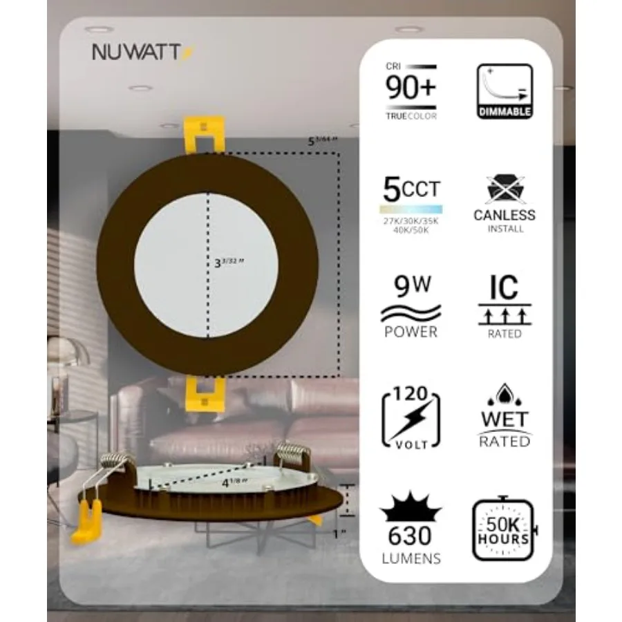 6 Pack 4 Inch Ultra-Thin LED Recessed Lighting, 5CCT 2700K/3000K/3500K/4000K/5000K Selectable, 630 Lumens, IC Rated, Dimmable C